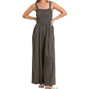 Rustic Rack Wide Leg Jumpsuit Womens Large‎ Gray Smocked Boho Slouchy Lounge